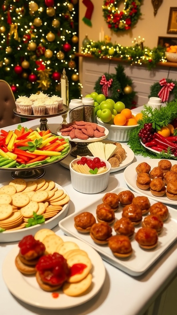 A festive table with budget-friendly Christmas party food including vegetables, cheese platter, stuffed mushrooms, and mini meatballs.